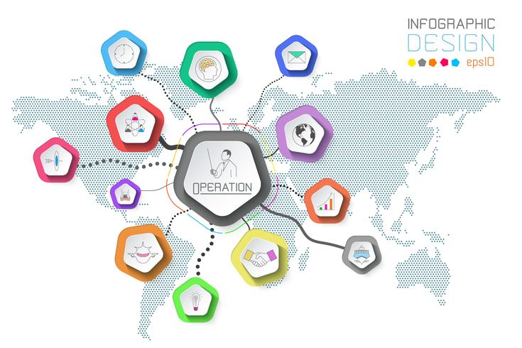 Negocio etiquetas infografía sobre fondo de mapa del mundo. vector