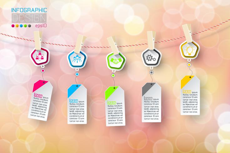 Business infographic 5 steps hanging on clotheslined with bubble background. vector