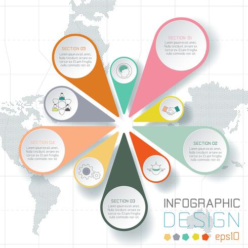 Negocio etiquetas infografía sobre fondo de mapa del mundo. vector