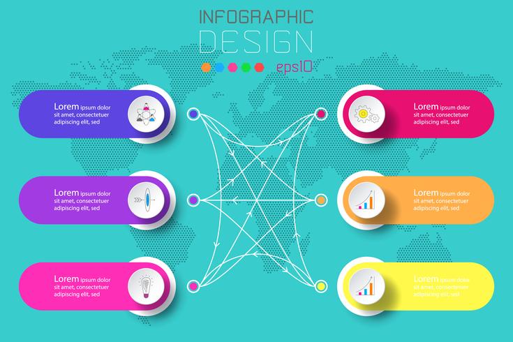 Six labels with business icon and world map background infographics. vector