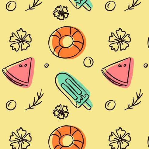 Cute Doodle Summer patern With Icecream Lifesalver And Watermelon vector