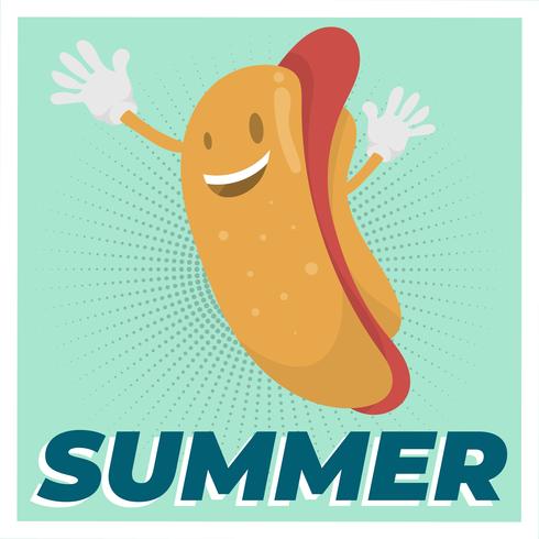 Ilustración de Vector de comida de verano de carácter de Hot Dog plana