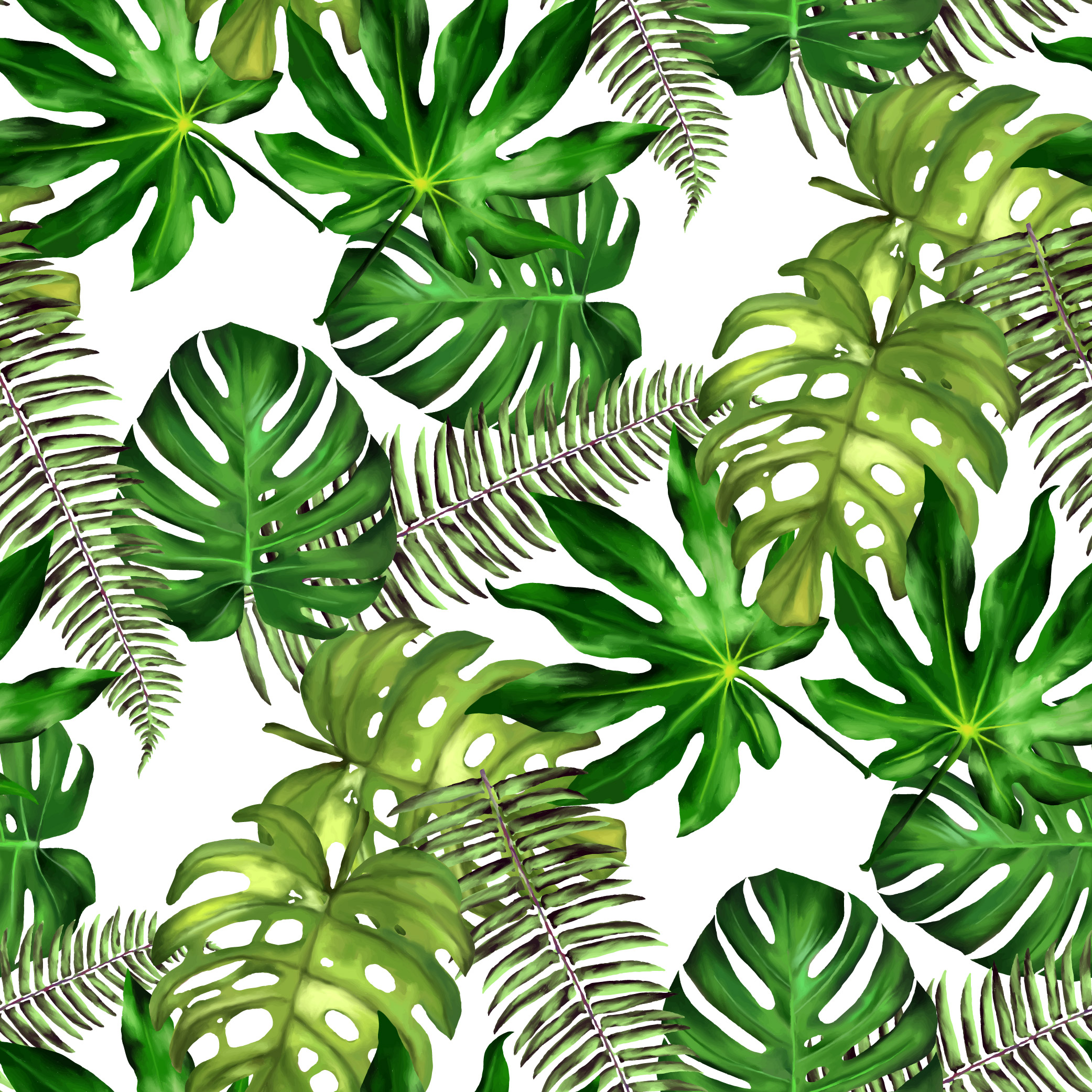 Tropical Leaves. Seamless Floral Background. Isolated On White. Vector