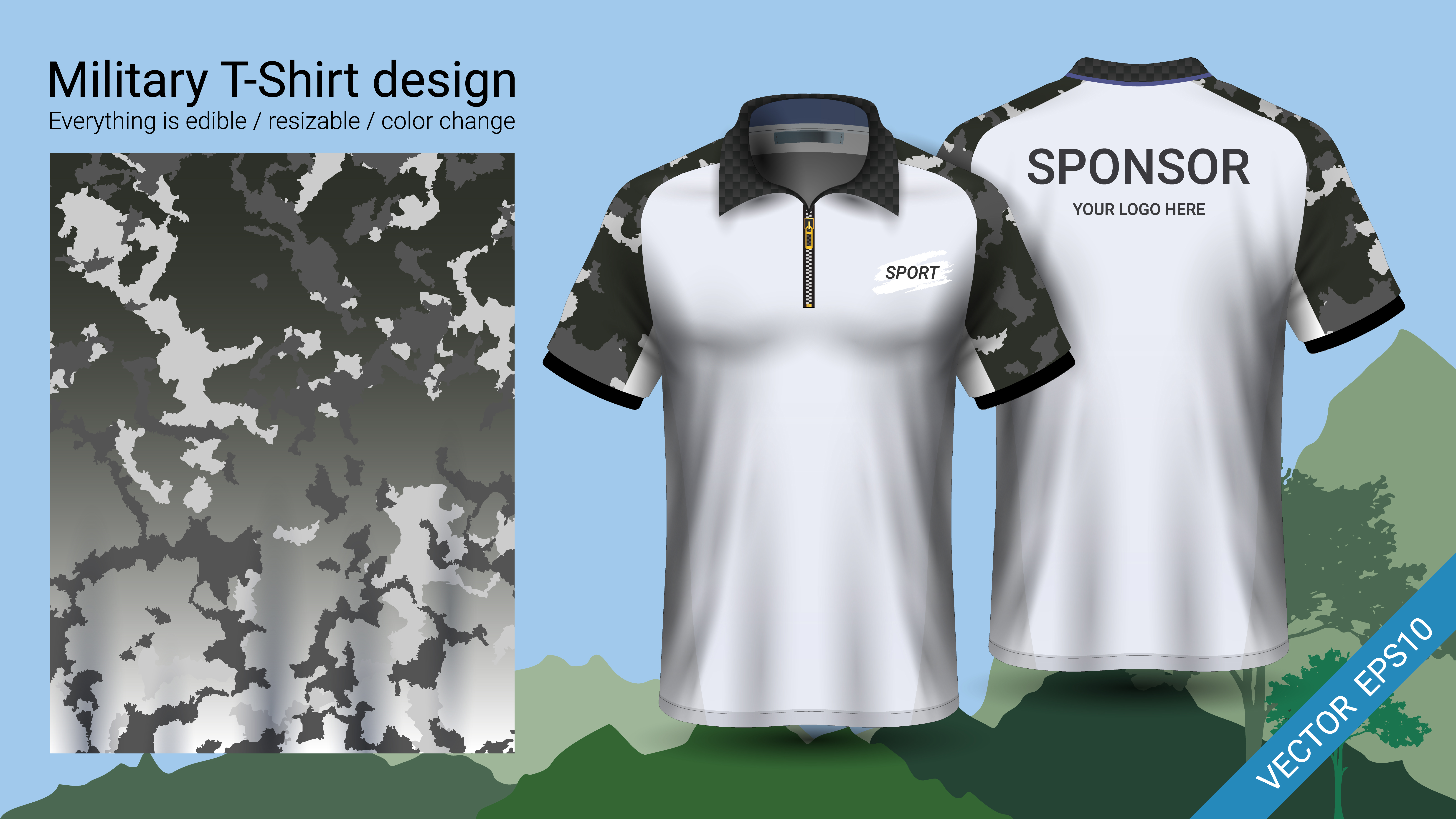 Military polo t-shirt design, with camouflage print clothes. 556429