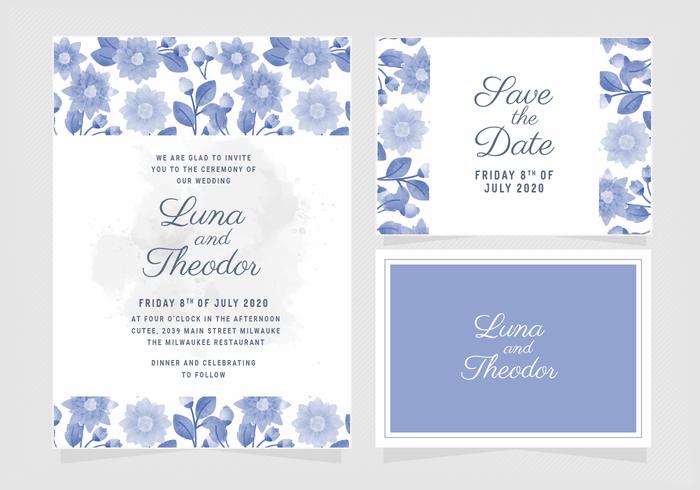 Vector Blue Floral Wedding Invitation