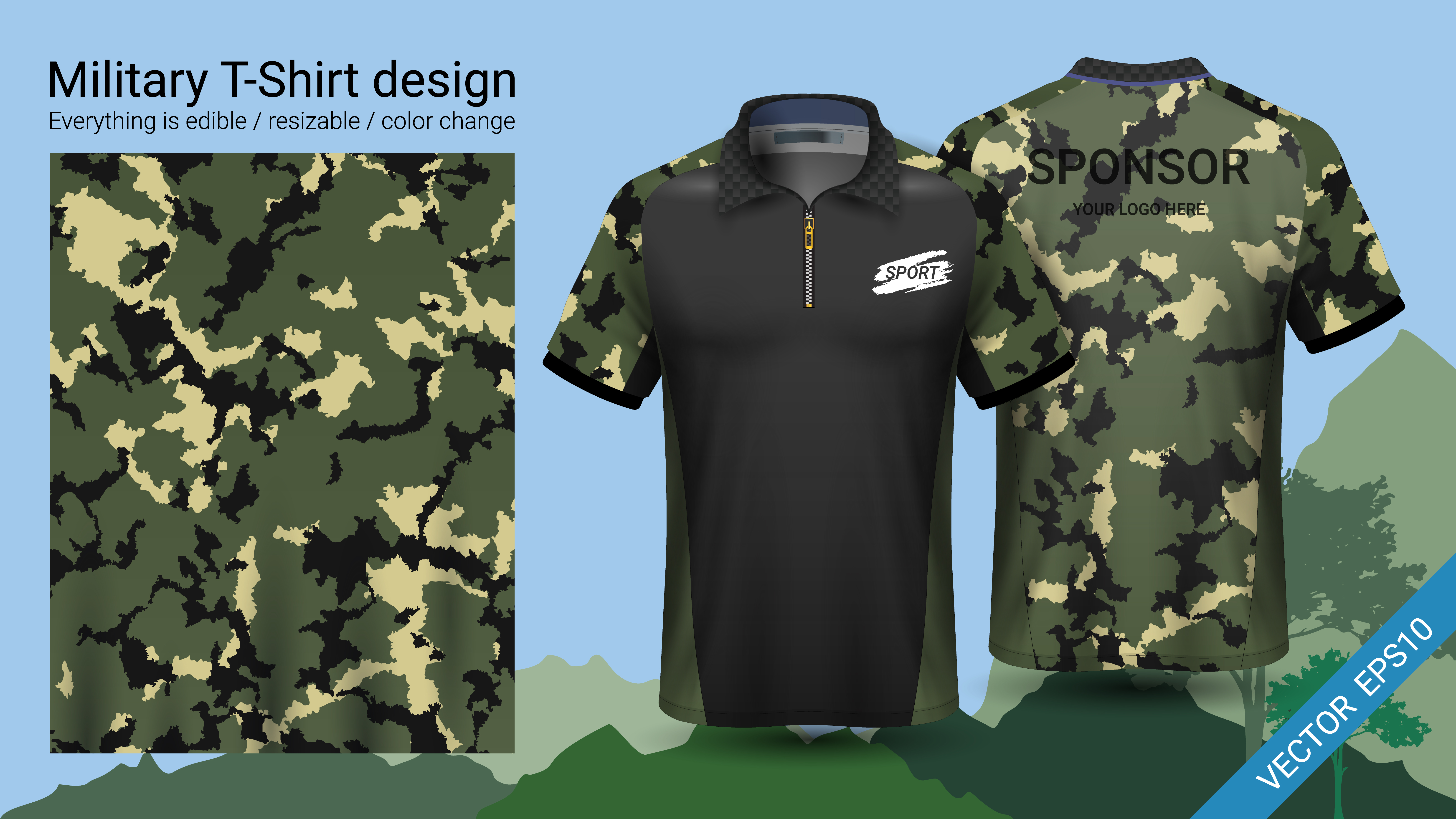 Military polo t-shirt design, with camouflage print clothes. 556452