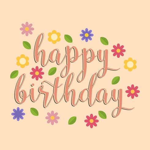 Flat Happy Birthday Typography With Flowers Vector Illustration