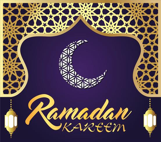 Ramadán Kareem diseño de saludo islámico con linterna y caligrafía. vector