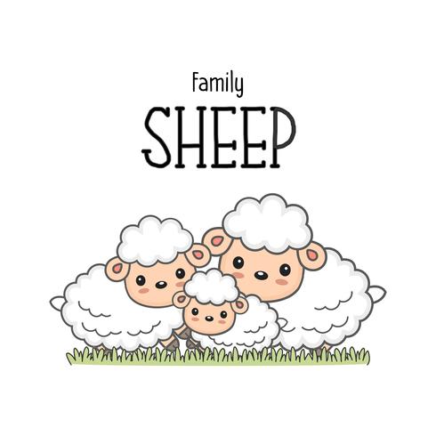 Happy sheep family. Mom dad and baby sheep cartoon on the grass. vector