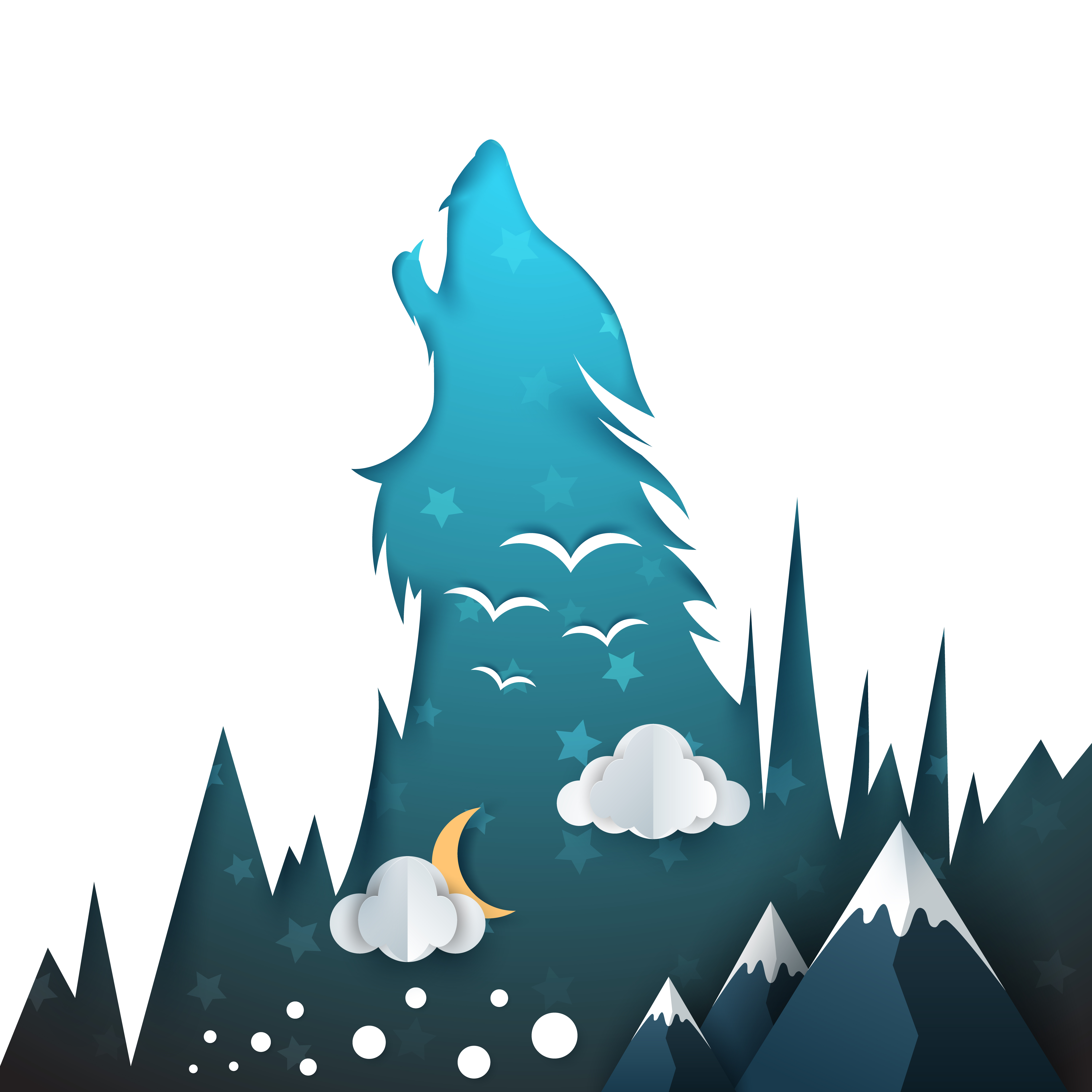 Wolf illustration. Cartoon paper landscape. - Download Free Vectors