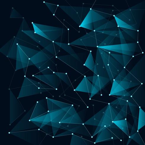 Abstract blue color triangles and low polygon with lines connecting dots structure on dark background. vector