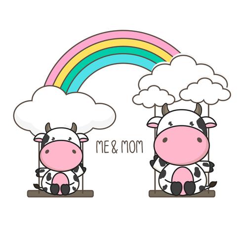 Cow and baby swing on a rainbow. vector