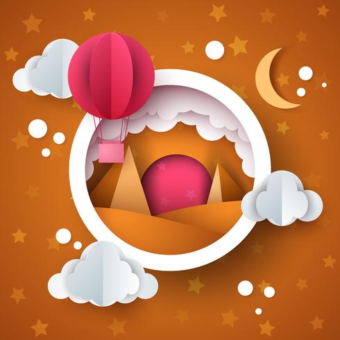 Cartoon desert landscape. Cloud, air balloon, star, sun, moon. vector