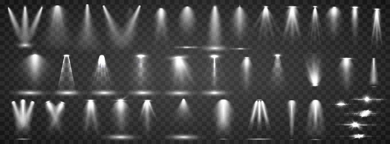 Colección de iluminación de la escena. Gran conjunto de iluminación brillante con focos. Spot de iluminación del escenario. vector