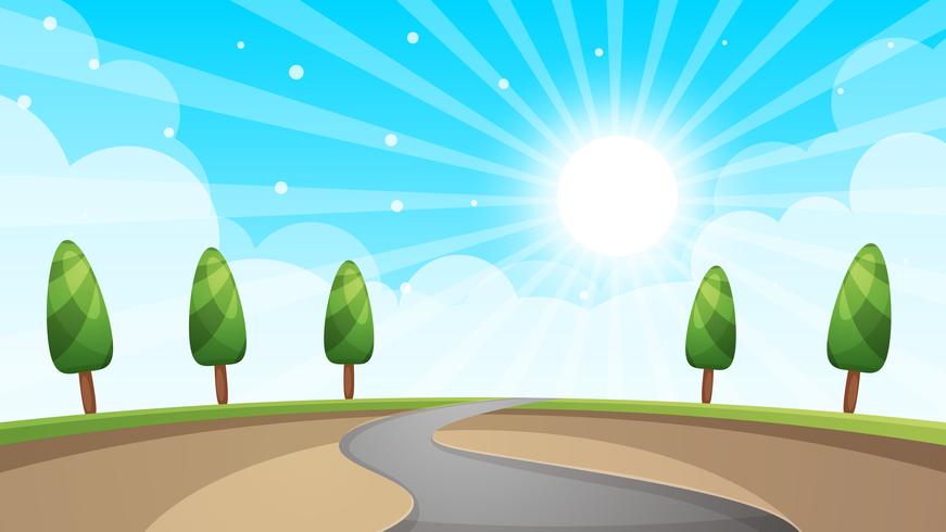 Cartoon landscape, road, sun tree. vector