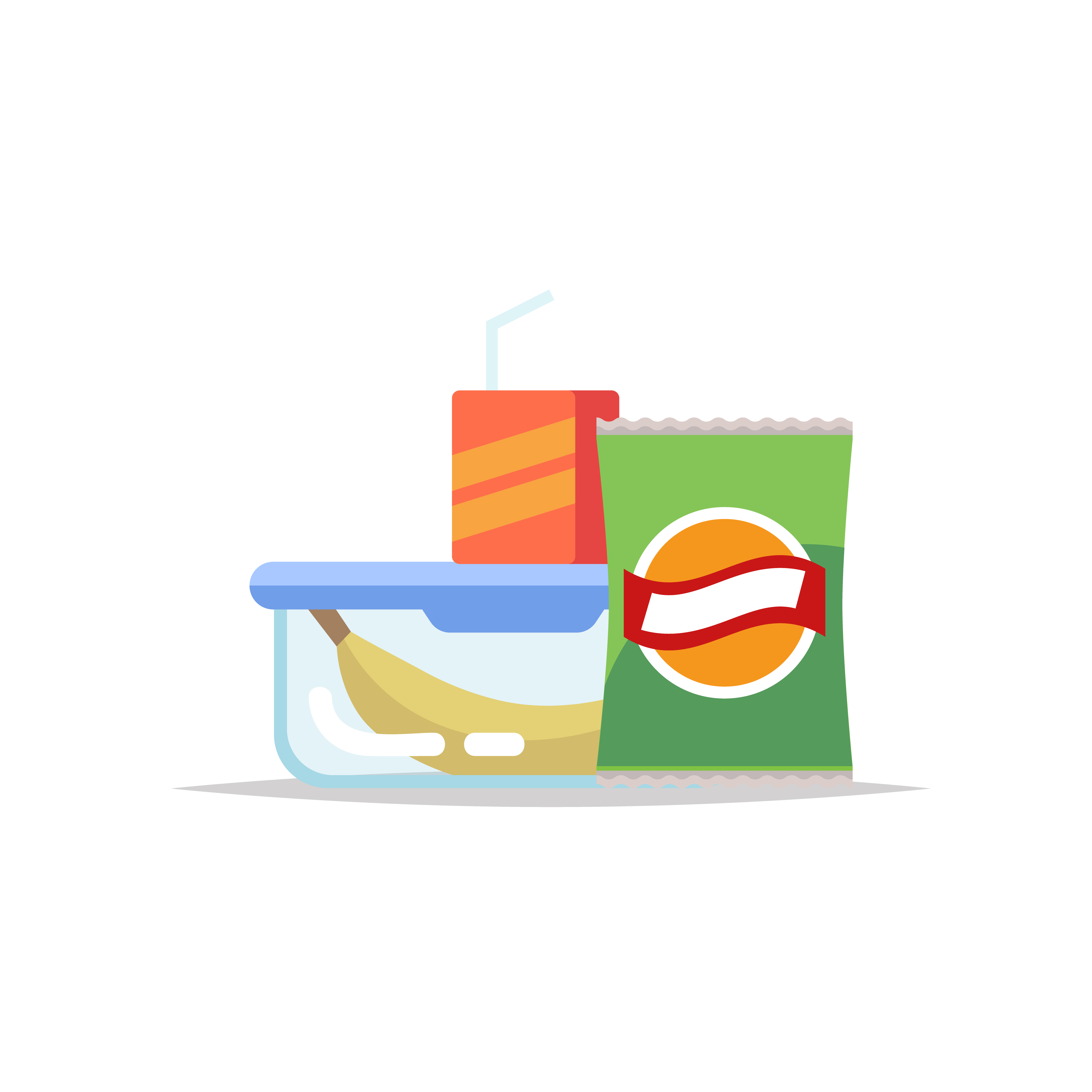 Lunchbox meal container with banana, chips and a juice. School meal