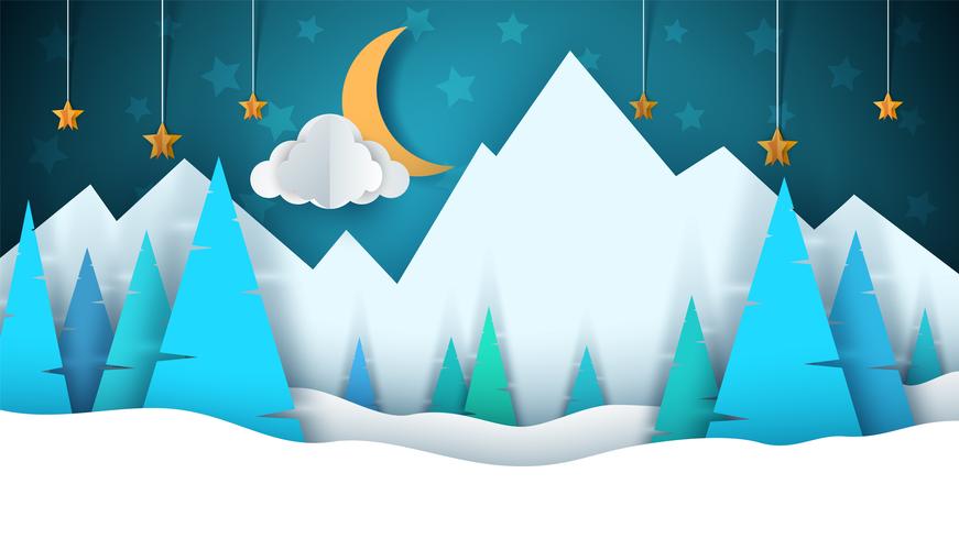 Paisaje de papel de dibujos animados de invierno. Feliz Navidad Feliz Año Nuevo. Abeto, luna, nube, estrella, montaña, nieve. vector