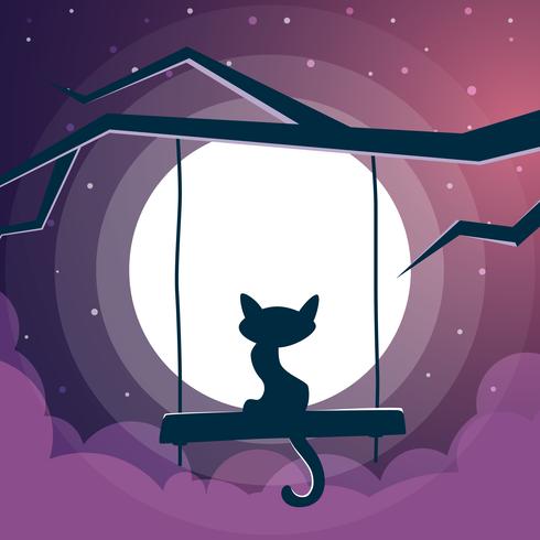 Ilustración del gato Paisaje nocturno de dibujos animados. vector