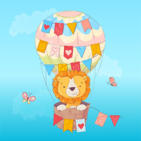 Postcard poster of a cute leon in a balloon with flags in cartoon style. Hand drawing. vector