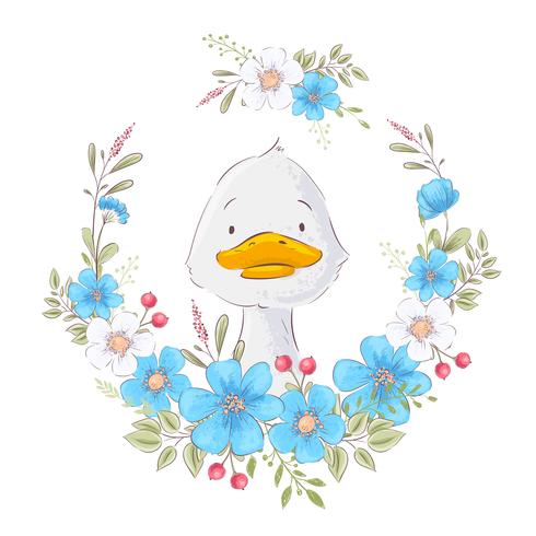 Cartel de postal de un lindo patito en una guirnalda de flores. Dibujo a mano. Vector