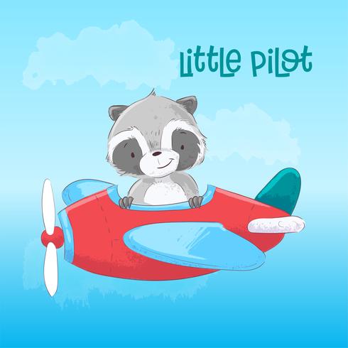 Cartel de postal lindo mapache en el avión en estilo de dibujos animados. Dibujo a mano. vector