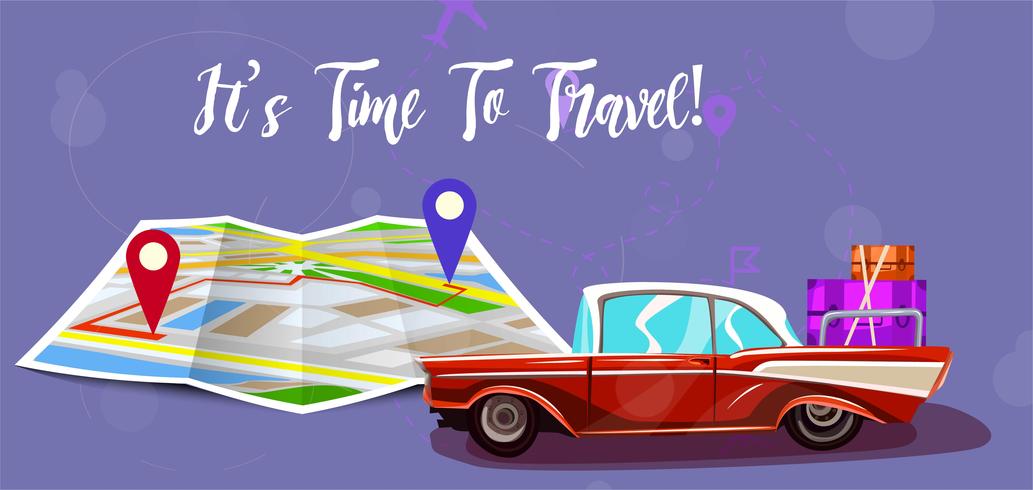 Viaje por carretera con mapa. Elementos de vacaciones. Es hora de viajar texto. Ilustración de vector de diseño de dibujos animados.