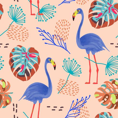 Tropical seamless pattern with flamingos and exotic leaves. vector