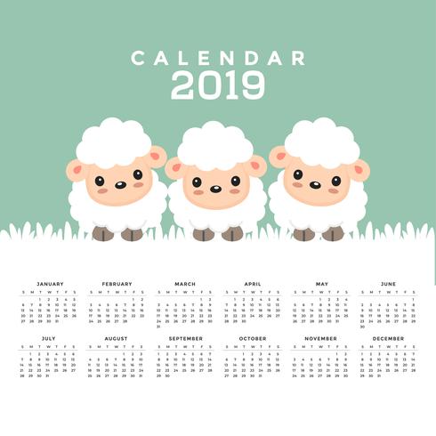 Calendar 2019 with cute sheep cartoon.  vector