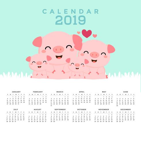 Calendar 2019 with cute pigs. vector