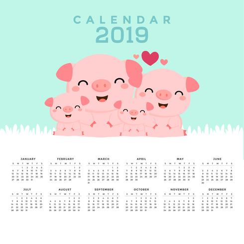 Calendario 2019 con lindos cerdos. vector