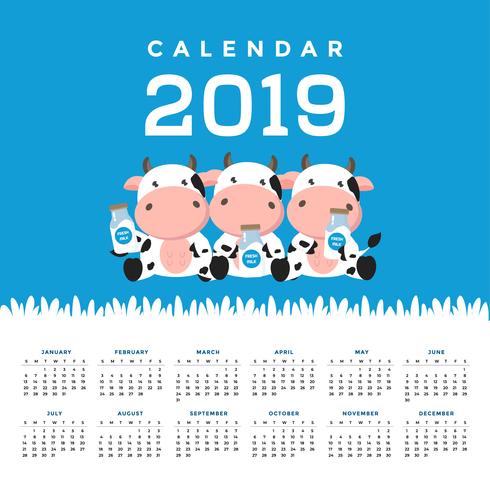 Calendar 2019 with cute cows. vector