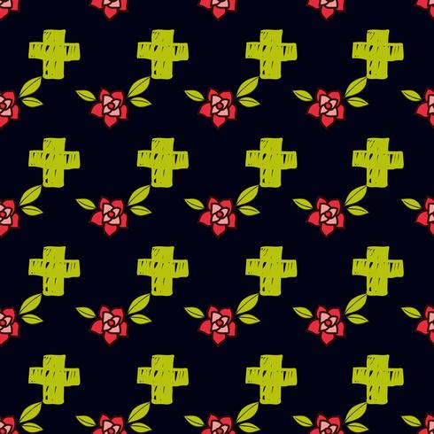 Crosses and flowers in an old-style tattoo. The day of the Dead. A seamless pattern on a black background. vector