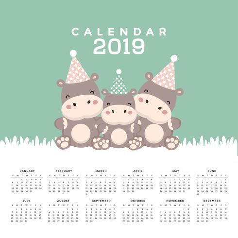 Calendar 2019 with cute hippopotamus.  vector