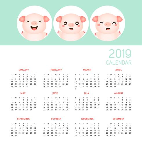 Calendar 2019 with cute pigs.  vector