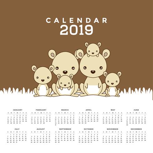 Calendar 2019 with cute kangaroos.  vector
