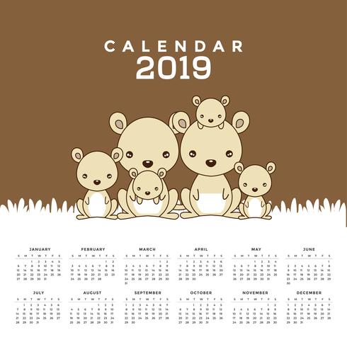 Calendario 2019 con lindos canguros. vector