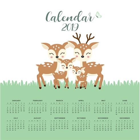 Calendar 2019 with cute deer family.  vector