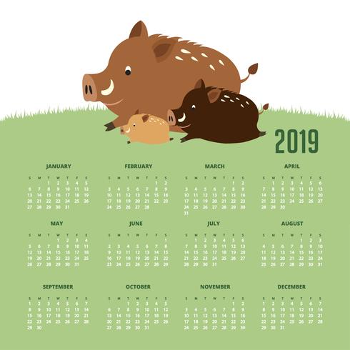 Calendario 2019 con lindos jabalíes. vector