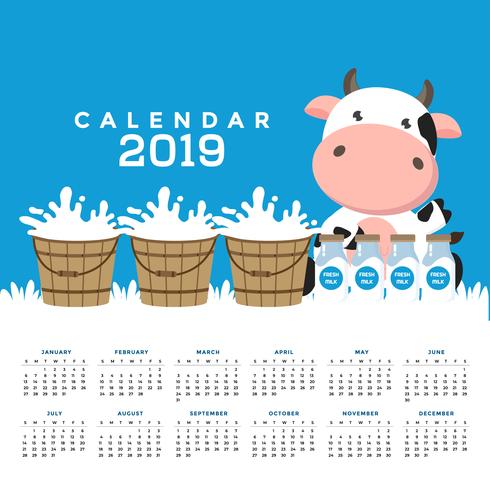 Calendario 2019 con lindas vacas. vector