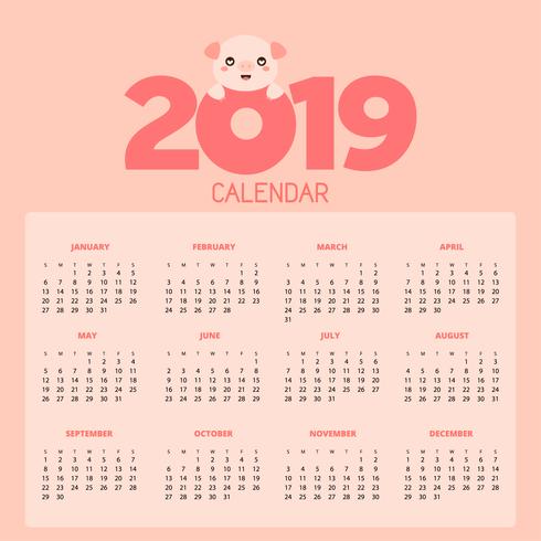 Calendar 2019 with cute pigs.  vector