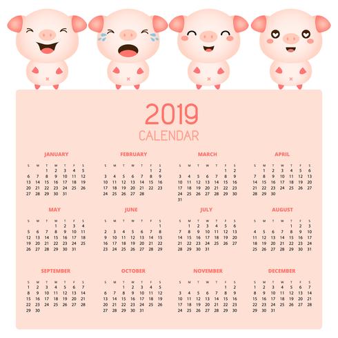 Calendar 2019 with cute pigs.  vector