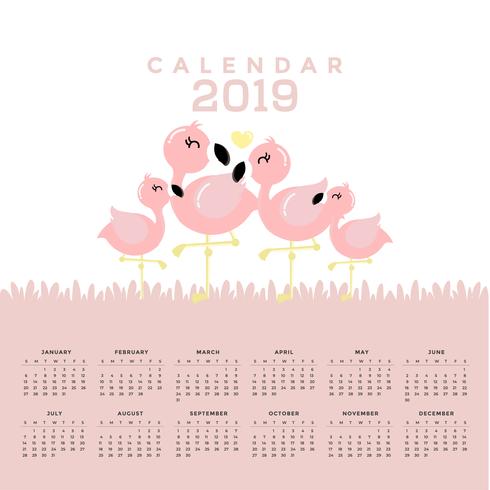 Calendar 2019 with cute flamingos.  vector