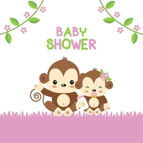 Baby Shower greeting card with mom and baby monkey. vector