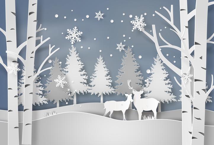 Deer in forest with snow. vector