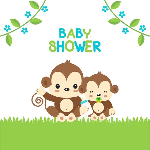 Baby Shower greeting card with mom and baby monkey. vector