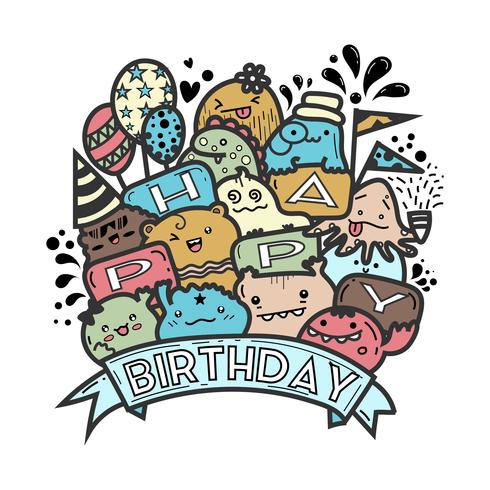 Vector lindo del doodle del monstruo para la tarjeta del feliz cumpleaños.