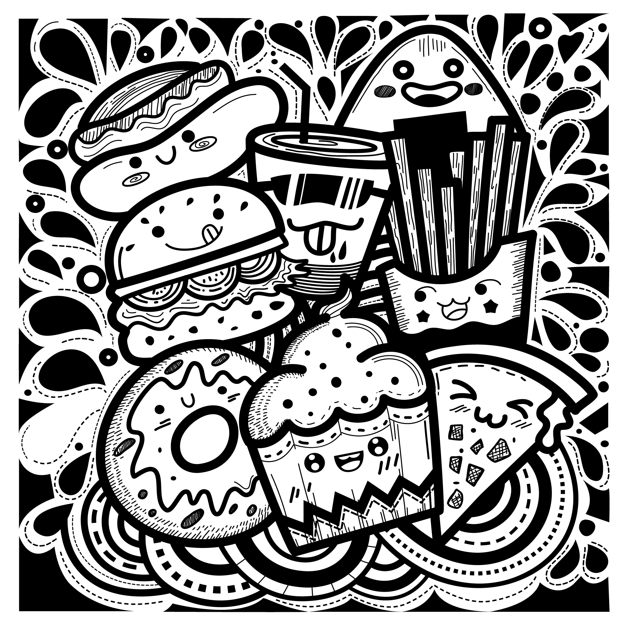 Раскраски фуд. Раскраска еда. Раскраски еда и напитки. Рисунки еды. Черно белая еда для распечатки.