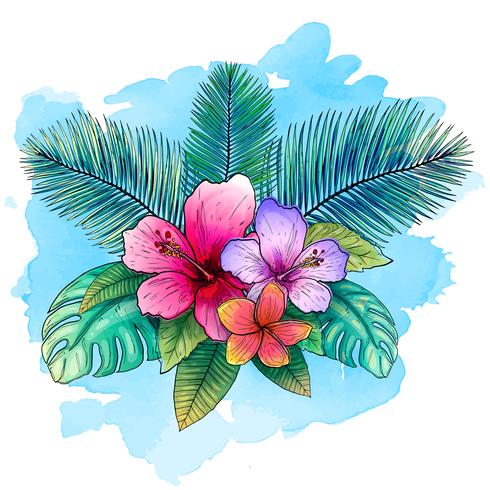 El diseño tropical del vector para la bandera o el aviador con las hojas de palma exóticas, hibisco florece con el fondo azul del estilo de la acuarela.