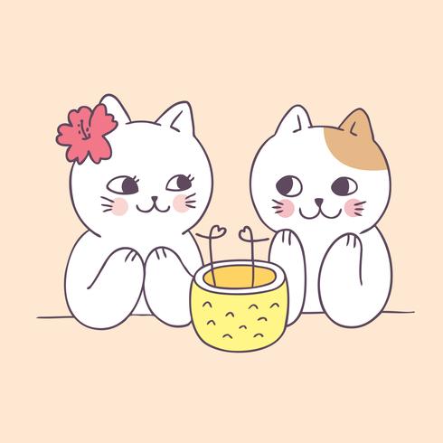 Cartoon cute summer couple cats vector. vector
