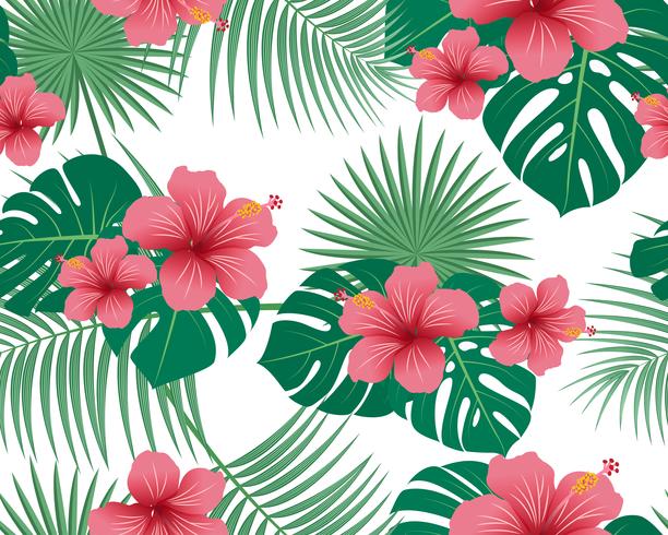Seamless pattern of tropical floral and leaves on white background - Vector illustration